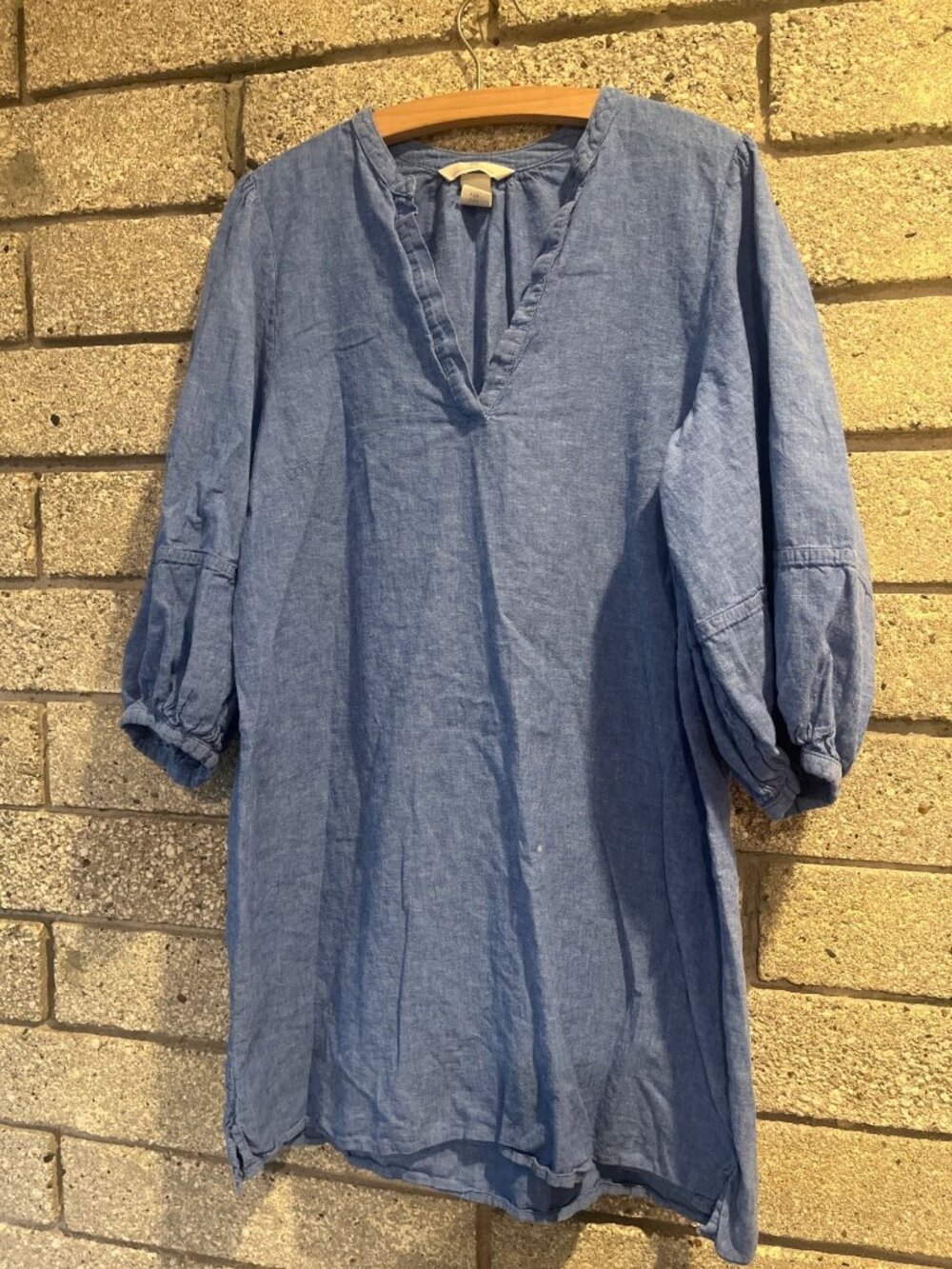 H&M Blue V-Neck Tunic Top With 3/4 Puff Sleeves Linen-Cotton Blend Women’s Mediu